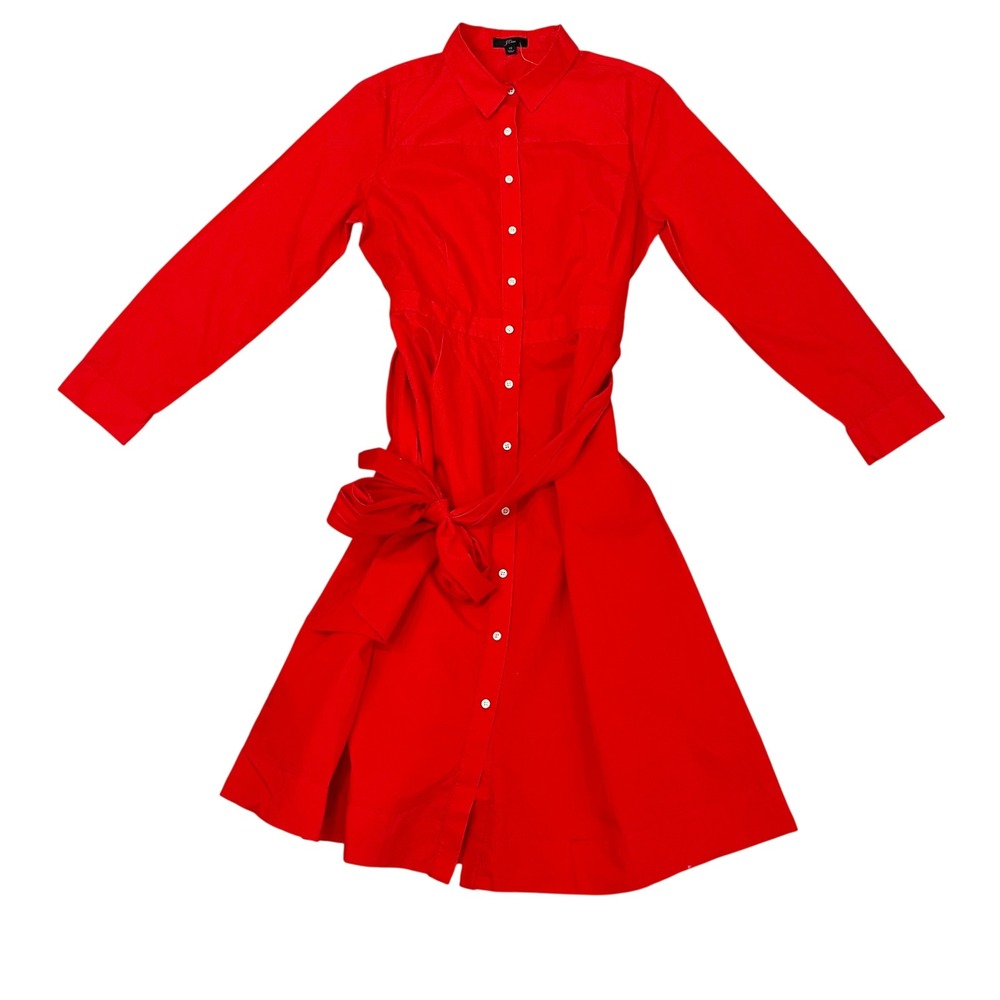 NEW J. Crew Red Cotton Poplin Midi Shirt Dress Long Sleeve Tie Waist - Size 12